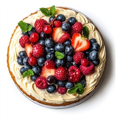 Round cake topped with a variety of fresh berries, including blueberries, raspberries, strawberries, and currants, arranged artfully on a bed of whipped cream.