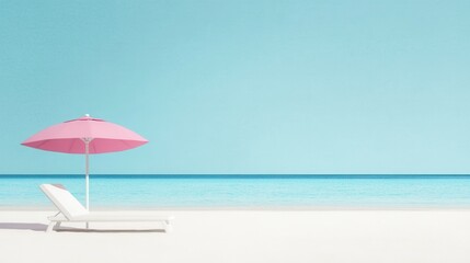 Tranquil beach scene with pink umbrella and white lounge chair by azure ocean.