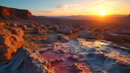 Warm Sunset Over a Desert Landscape with Rocky Terrain and Distant Mountains