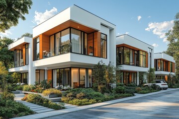 Modern townhouses with white walls, black windows, large glass windows, flat roofs, surrounded by greenery, parking space, and blue sky.
