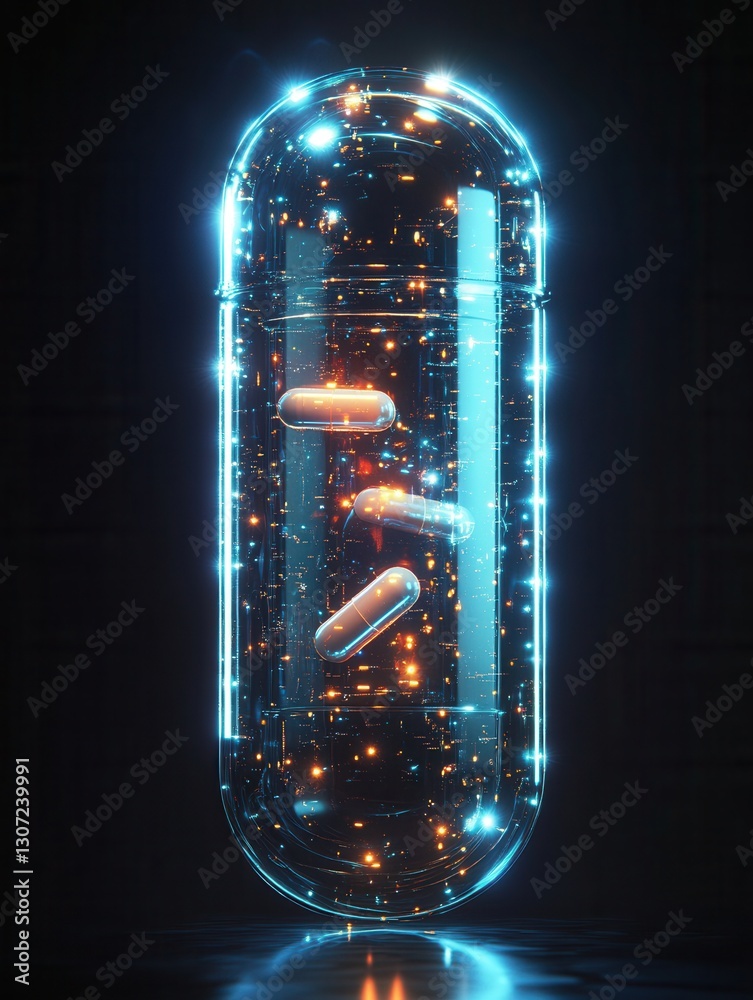 Poster futuristic transparent pill bottle with glowing capsules showcasing a cyberpunk aesthetic in a high 