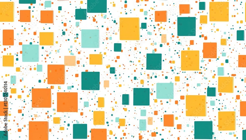 Poster abstract background pattern featuring a dynamic composition of colorful squares and speckled dots ag
