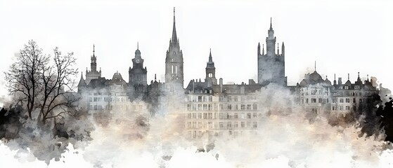 Obraz premium Expressive and Modern Watercolor of the Skyline of Geneva Switzerland Blending Historical Landmarks with Sleek Digital Design for an Elegant City Poster