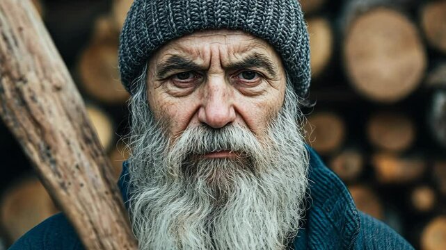 Elderly man with a long beard stands strong holding a wooden bat in front of stacked logs