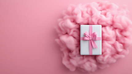 Gift box pink ribbon on fluffy cloud pastel background, copy space, top view, flat lay. 3d rendering Present birthday, Christmas, Valentines Day, Mothers Day. Getting presents. Deals and perks.