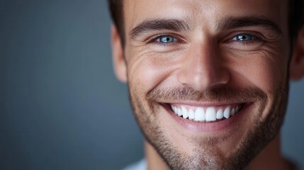 Fototapeta premium Close-up of smiling young caucasian male with bright blue eyes and beard.