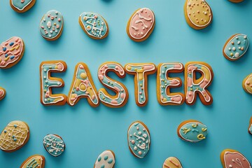 Easter celebration cookies displayed on vibrant blue background food art fun environment top view