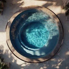 Round outdoor hot tub with turquoise water, surrounded by light beige stone patio.  Tropical garden setting.