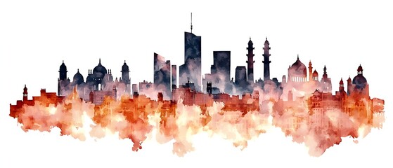 Obraz premium Vibrant Watercolor Cityscape Depicting the Iconic Skyline of New Delhi India in Dramatic Red Hues Featuring a Fusion of Historical Landmarks and Modern Urban Textures in an Captivating