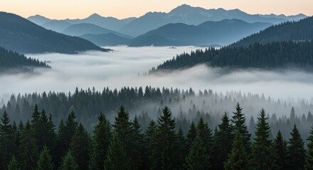 Obraz premium Serene Mountain Landscape at Dawn with Misty Valleys and Pine Forests