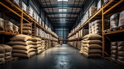Fototapeta premium Industrial warehouse storage filled with large bags of rice stacked on wooden pallets in an organized manner. High-quality storage facility with bulk food supplies, distribution logistics, and efficie