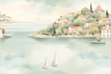 Obraz premium Landscape of coastal village with sailboats and mediterranean architecture on a summer day. Watercolor Seamless pattern for fabric textile, wallpaper, interior decor, packaging, wrapping paper. 