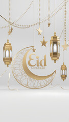 Obraz premium Minimalist Eid Mubarak Line Islamic Art Illustration Featuring Elegant Gold Lanterns, Crescent Moon, and Hanging Stars on a Clean White Background for a Sophisticated Ramadan Eid Festive Design