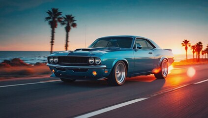 A classic muscle car speeds down a scenic coastal road during sunset. Palm trees frame the landscape as vibrant colors fill the sky, creating a striking backdrop for the drive