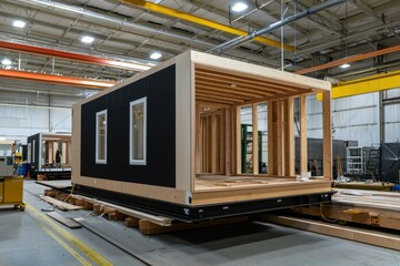 A modern modular home under construction in a factory setting, showcasing its wooden frame and black exterior.