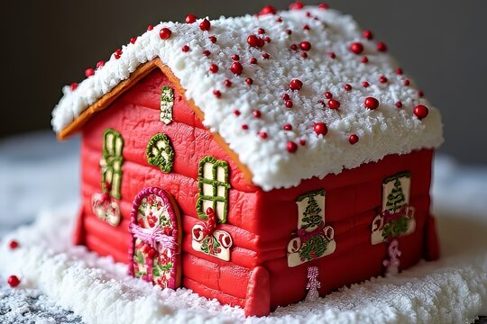 Detailed Red Gingerbread House Decorated with Snow and Ornaments
