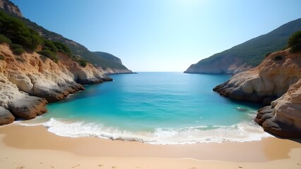 Obraz premium Picturesque Hidden Beach Cove with Turquoise Water, Golden Sand, and Rocky Cliffs Under a Clear Blue Sky