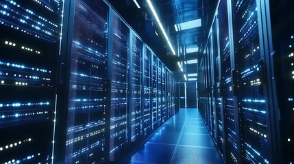 A long corridor filled with data server racks and lights