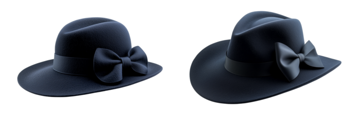 Set of a Navy blue felt hat with a ribbon and bow, isolated on transparent background.