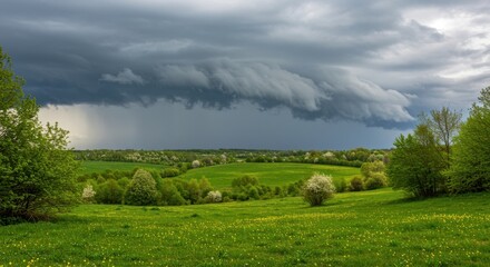 Obraz premium Dramatic storm clouds loom over a lush green landscape with blooming trees