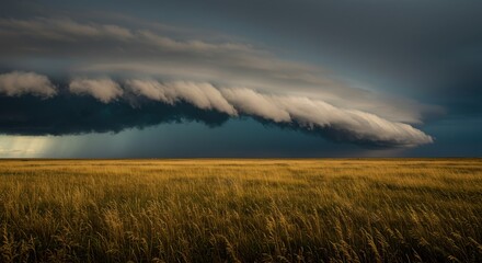 Obraz premium Dramatic storm clouds rolling over a golden grassland under a moody sky