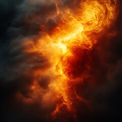 Explosive fiery mushroom cloud in a stormy sky, intense red and yellow flames, billowing smoke, powerful shockwave impact