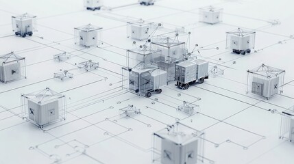 Collection of Automated 3D element of freight cargo, train, truck, air cargo, crane, container, shipping in logistic management concept, movement and warehouse logistics network, banner and background