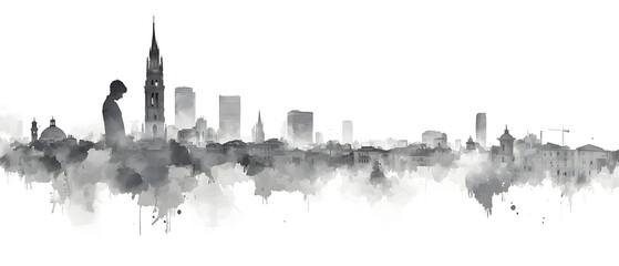 Stunning black and white watercolor artwork depicting the iconic skyline of Milan Italy