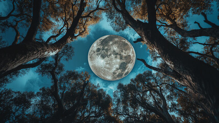 Naklejka premium Majestic full moon rising above dark forest trees night sky art blue space image light nature serene