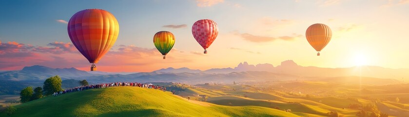 Fototapeta premium Summer party destination colorful hot air balloons rise over sandy sea at dawn