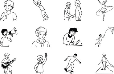 Diverse Boy Activities Icons of Hobbies, Sports, and Friendship