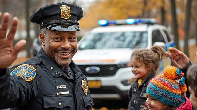 Police officer waves to children in park, community outreach