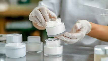 A person in gloves is handling cosmetic cream jars in a lab or production setting. Concept Cosmetic Production, Lab Safety Protocols, Cream Formulation Process, Hygiene Standards