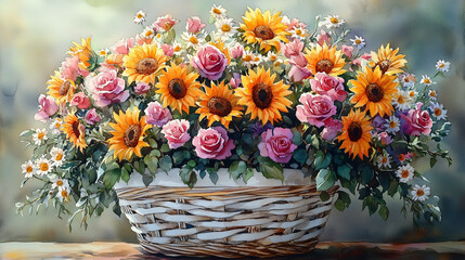 Obraz premium Summer Bouquet Overflowing With Sunflowers And Roses, A Joyful Explosion Of Color In A Rustic Woven Basket, Bathed In Soft Sunlight Isolated on Transparent Background