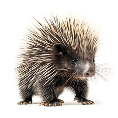 Defensive Porcupine with Quills Extended Isolated on White Background