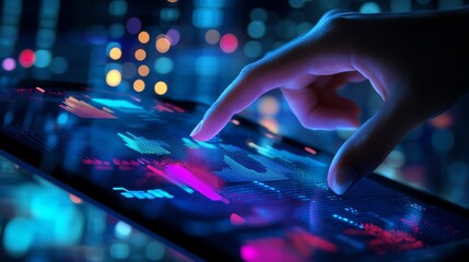 Fototapeta premium Person interacting with a futuristic touchscreen.