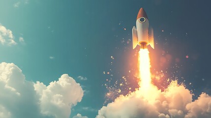 A rocketship taking off into the blue sky amongst clouds