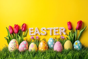 Colorful Easter eggs with polka dot and other patterns are arranged on green grass, flanked by red tulips and small flowers, with the word "EASTER" decorated with sparkles on bright yellow background.