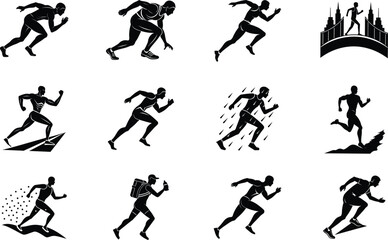 Running Silhouettes Diverse Athletes in Motion, Various Terrain