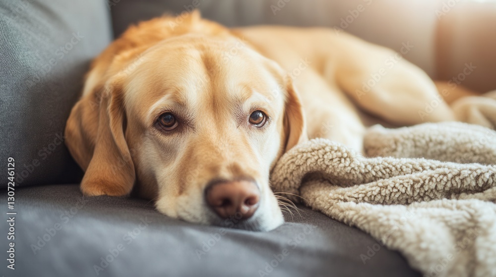 Aufkleber Relaxed dog lying on a cozy couch with a soft blanket in warm daylight setting Generative AI