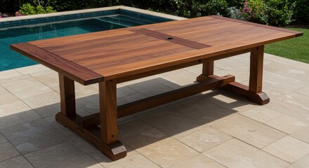 Elegant wooden dining table by a poolside, surrounded by lush greenery
