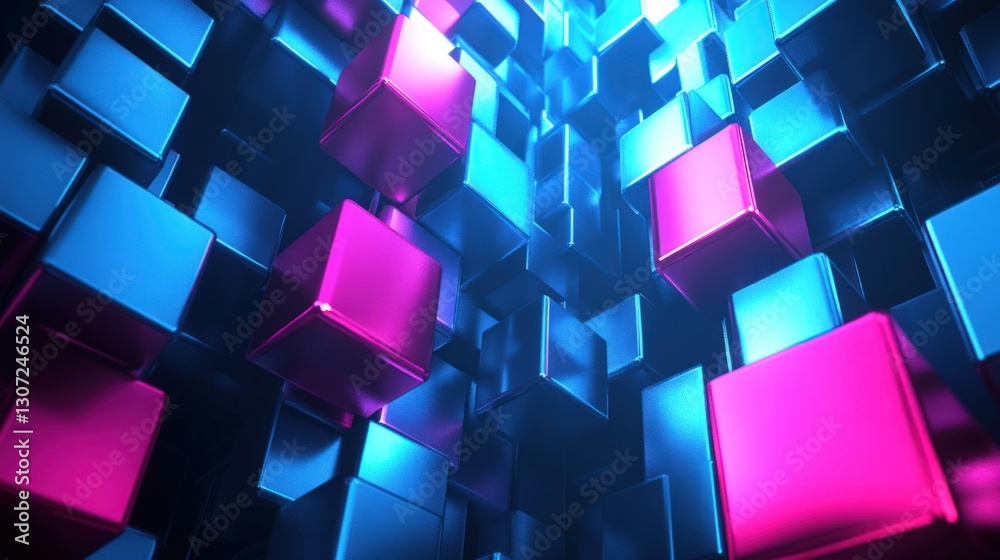 Poster abstract composition of illuminated cubes in shades of blue and pink creating a dynamic futuristic b