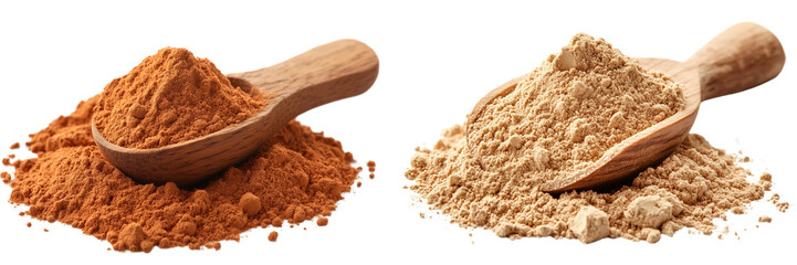 Set of a small pile of third-wave halva powder with a wooden spoon, isolated on transparent background.