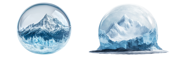 Set of a soap bubble in the shape of an ice mountain, isolated on transparent background.
