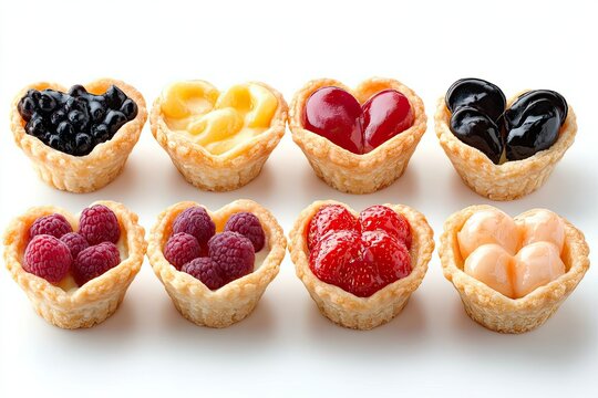 Mini fruit tartlets with custard filling isolated on white background 