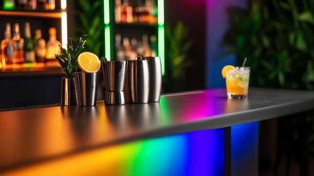 Vibrant cocktail bar scene featuring shiny utensils, fresh ingredients, and colorful lighting