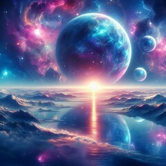 Cosmic Ocean and Planets: Sci-Fi Space Seascape