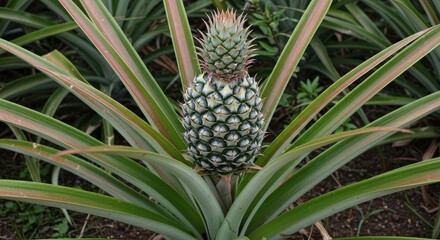 Obraz premium Fresh pineapple growing in a lush tropical field surrounded by green foliage