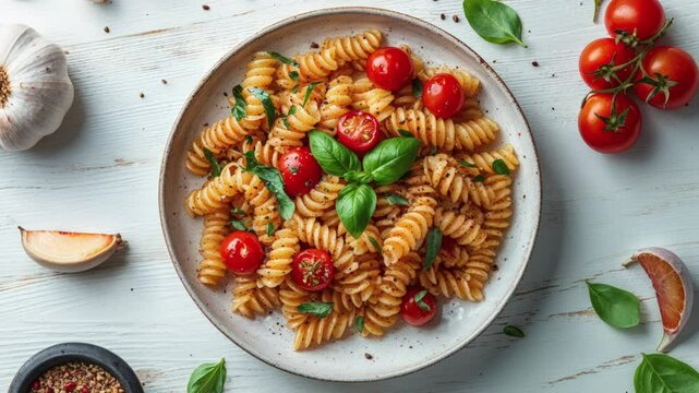 Delicious Fusilli Pasta with Cherry Tomatoes and Fresh Basil Garnish