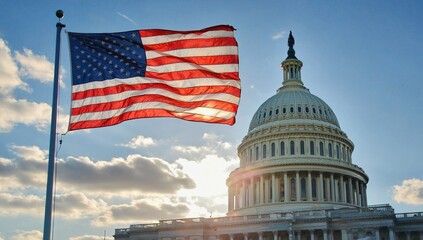 A vibrant American flag flutters against a stunning sunset backdrop behind the United States...